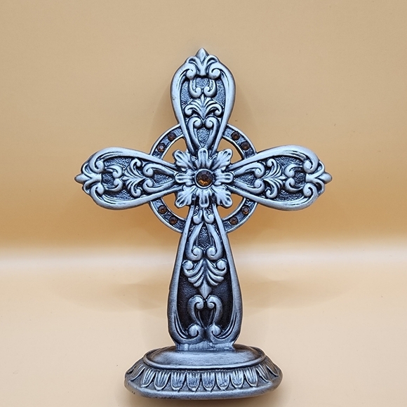 Other - Pewter Cross 5" Standing Orange Topaz Stones